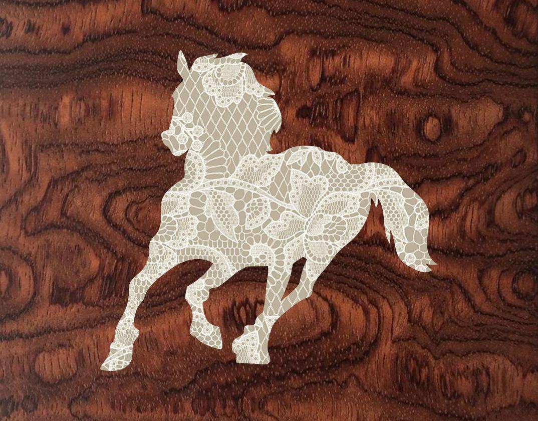 Burl wood background with a lace-filled horse vector overlay