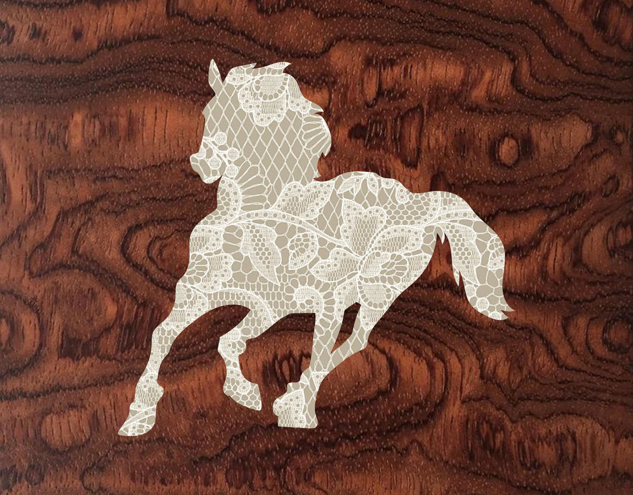Burl wood background with a lace-filled horse vector overlay