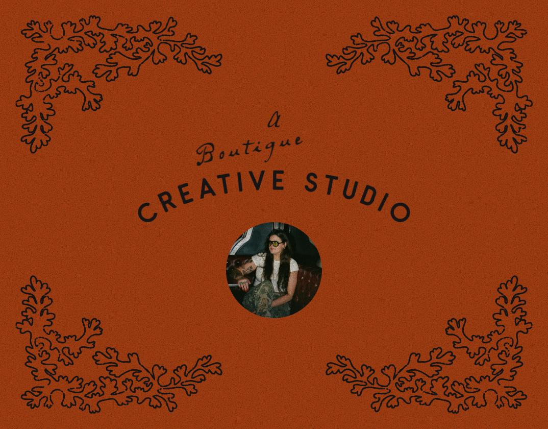An introductional graphic reading "a boutique creative studio", with Corner Booth's floral frame and a picture of founder Makenzie