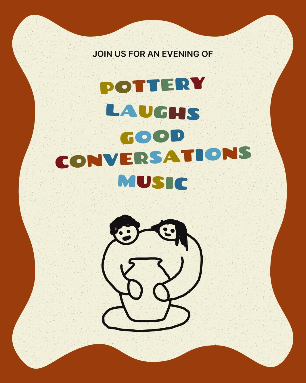 An event promotion graphic with a funky background, colourful words, an East Atlanta Clay's custom logo illustration: 2 people making a vase together