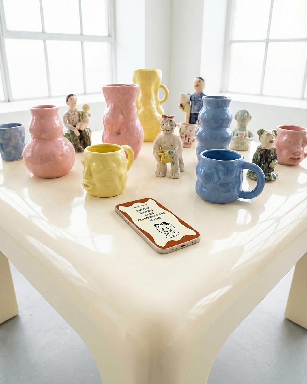 Funky, colourful vases in a bright pottery studio, with a phone lying on the table that's displaying an event promotion graphic