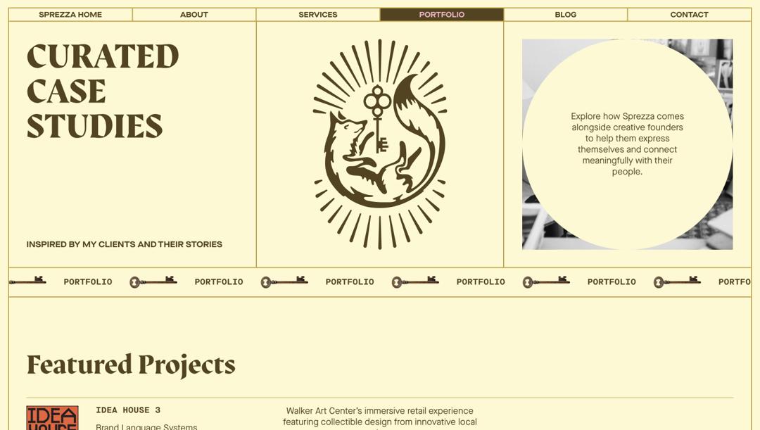 Portfolio page hero with the text "Curated case studies: Inspired by my clients and their stories" and "Explore how Sprezza comes alongside creative founders to help them express themselves and connect meaningfully with their people"