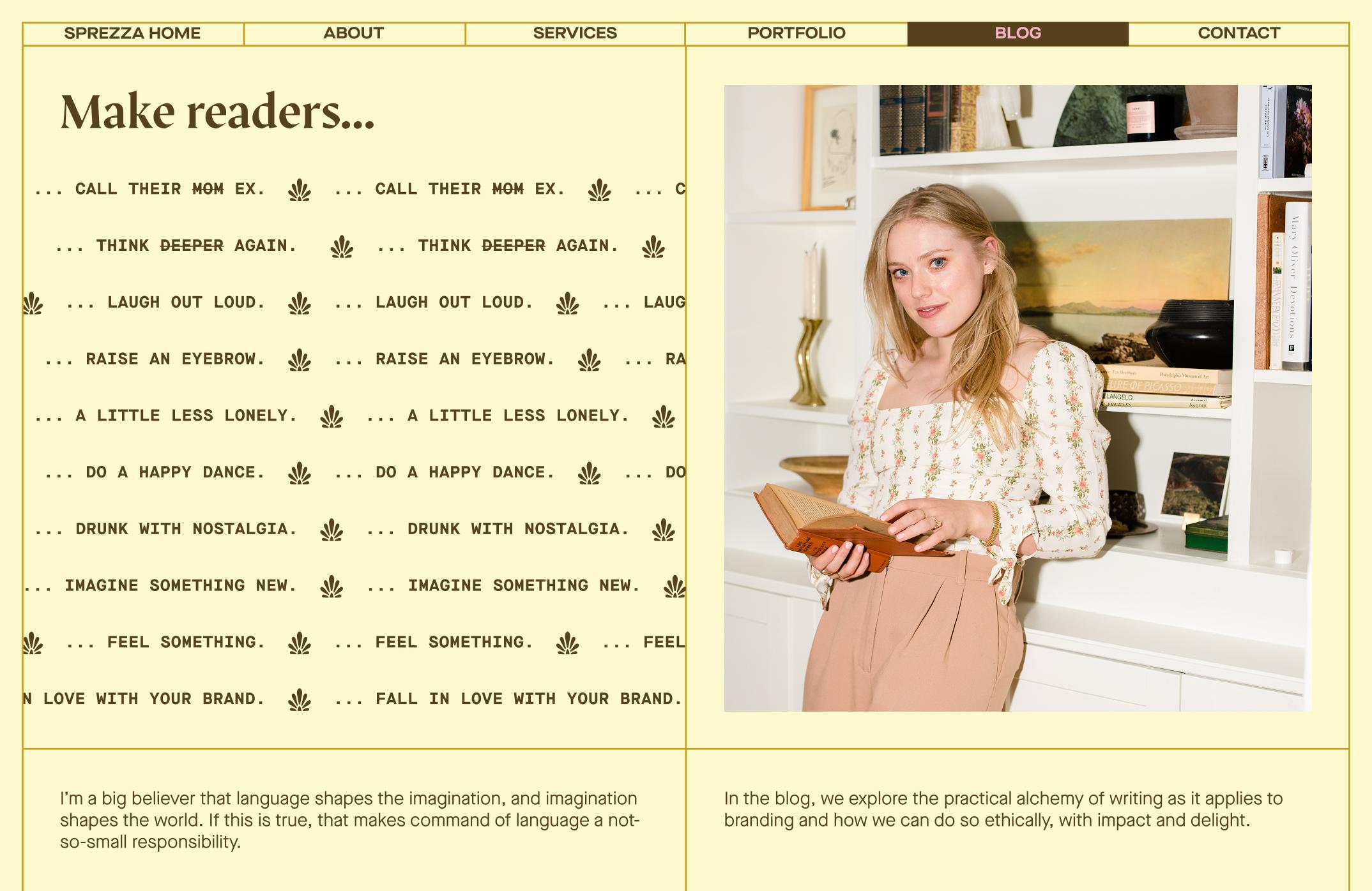 Structured yet playful blog web design for copywriting studio Sprezza