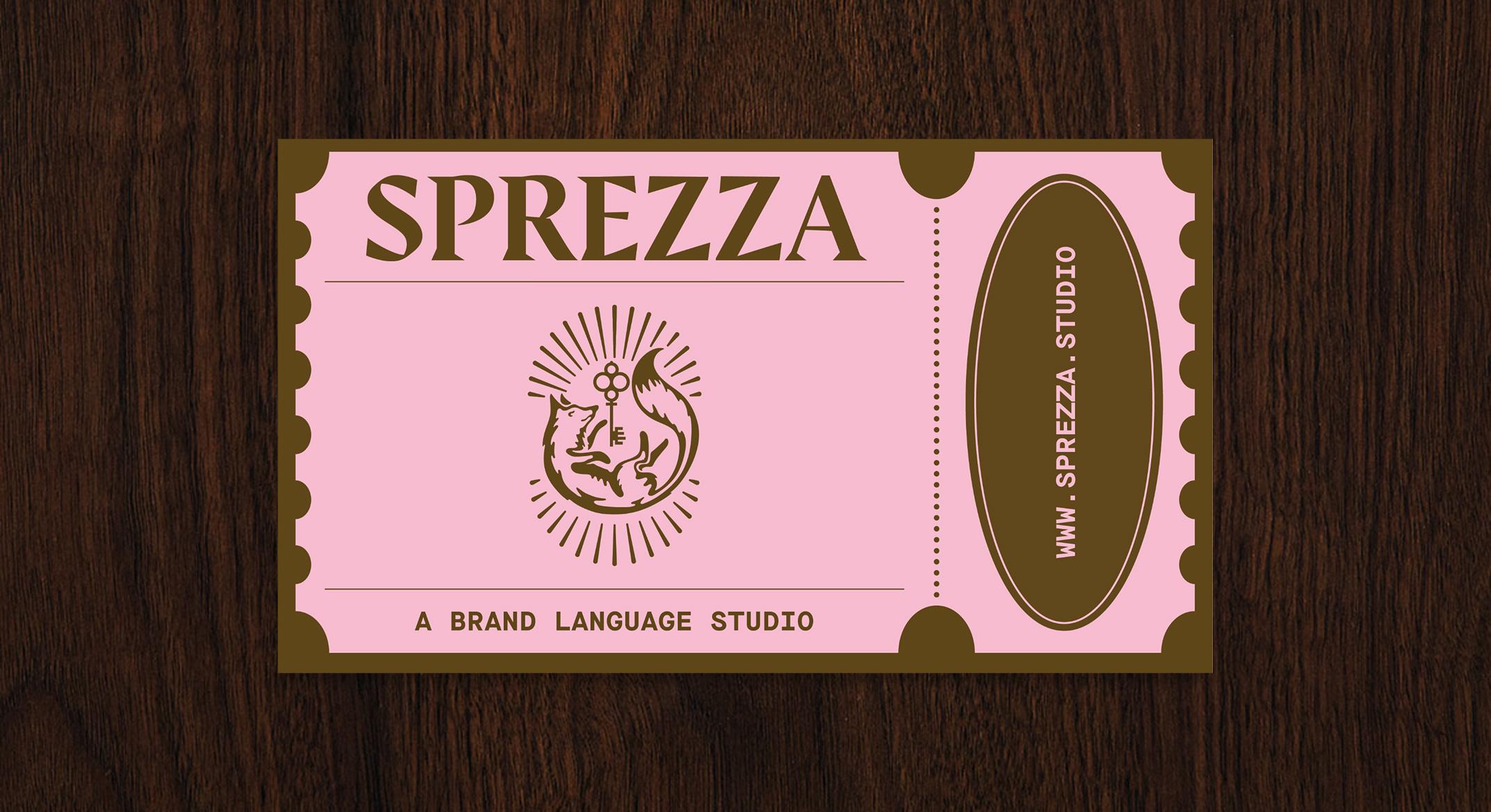 A business card design for Sprezza that's reminscent of vintage tickets with a perforated line