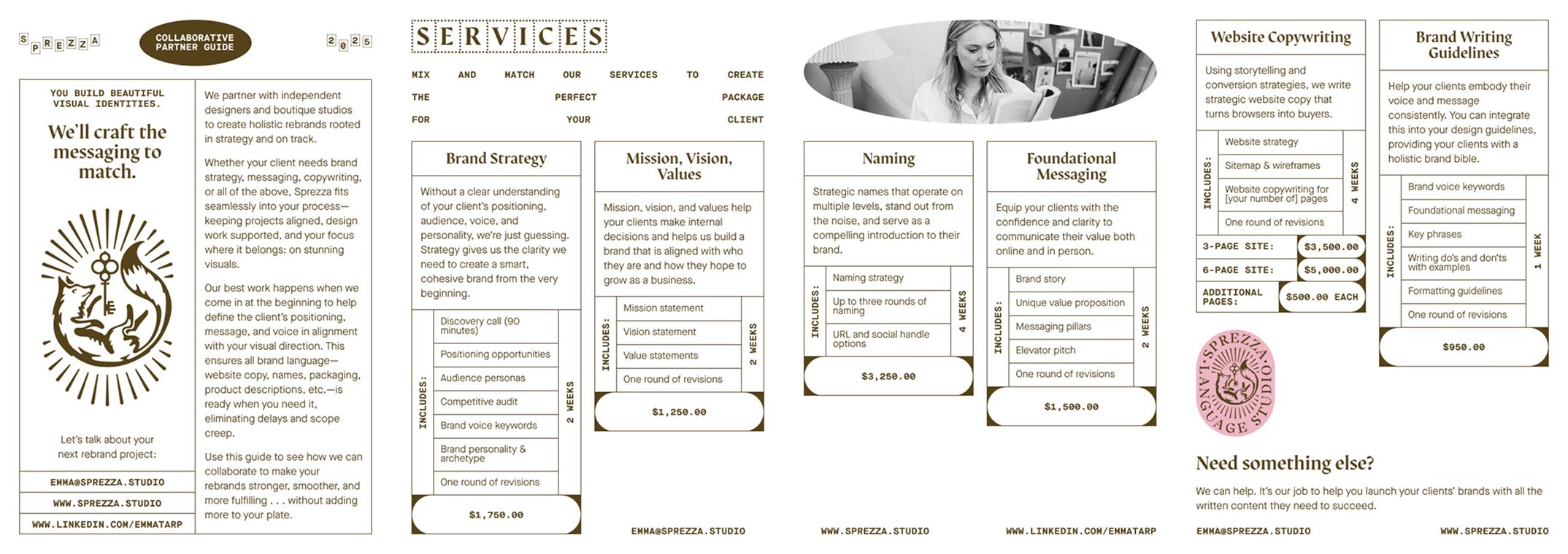 The service guide booklet laid out flat with all pages visible
