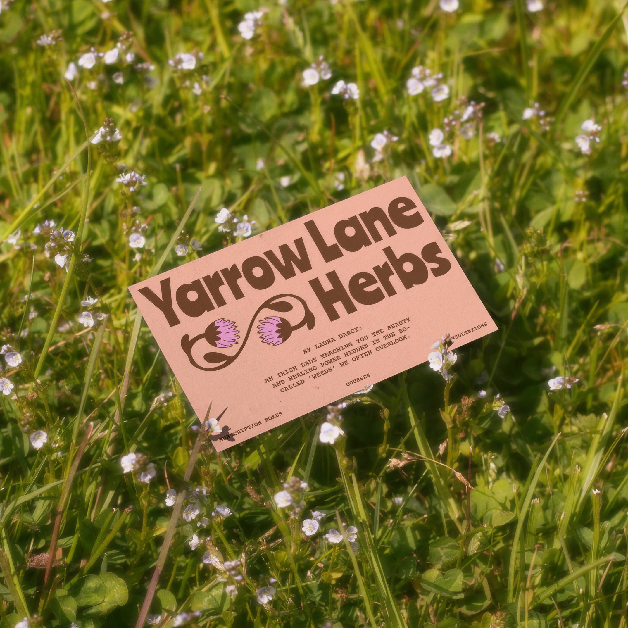 A pink business card lying in the grass, with a dreamy atmosphere