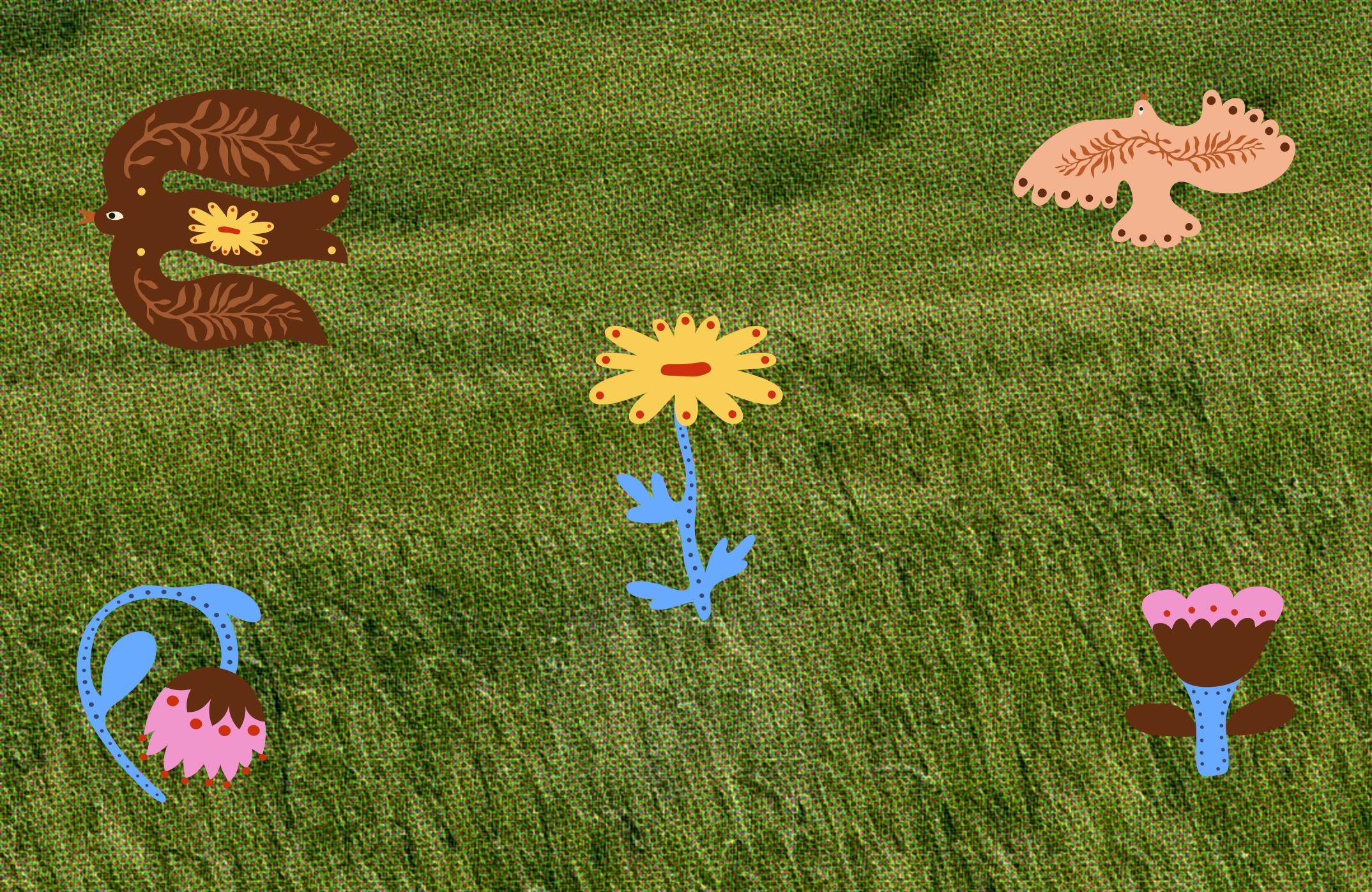 A display of custom handdrawings that include folklore-ish flowers and a bird, with a grass background