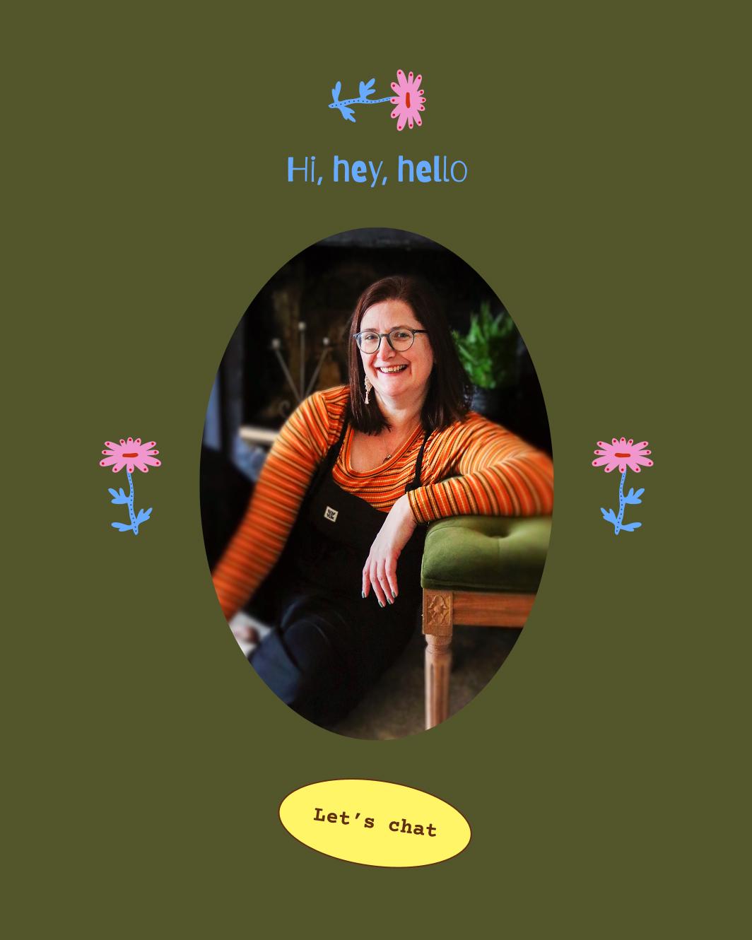 An Instagram template with Yarrow Lane founder's portrait framed by custom illustrated flowers, and a CTA button